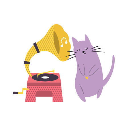 Funny cat playing listening to phonograph. Vector illustration. Character design. Pet collectionのイラスト素材
