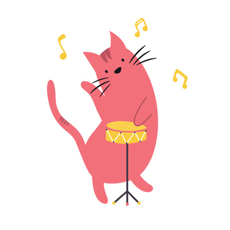 Funny cat playing the drums. Vector illustration. Character design. Pet collectionのイラスト素材