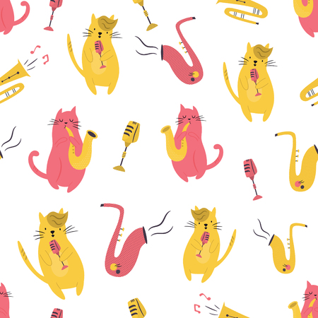 Bright seamless pattern with funny cats playing different musical instruments.のイラスト素材