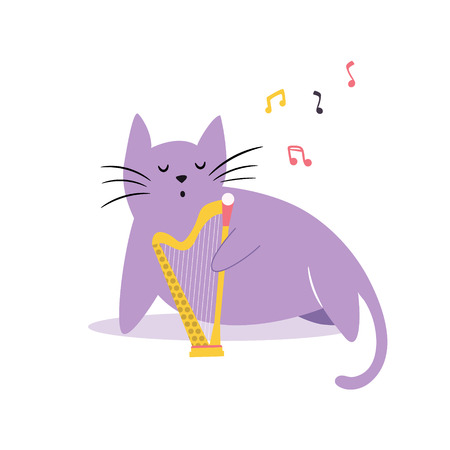 Funny cat playing the harp. Vector illustration. Character design. Pet collectionのイラスト素材