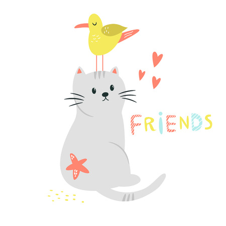 Funny cat and seagull friends. Friendship concept. Funny illustration with lettering text. Isolated scandinavian cartoonのイラスト素材