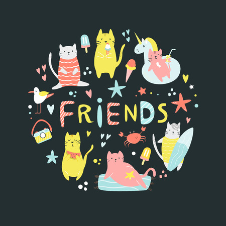 Collection of funny summer cats and lettering. Vector round composition.のイラスト素材