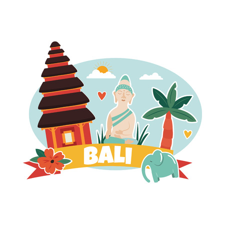 Cartoon illustration with Bali famous landmarks, symbolsのイラスト素材