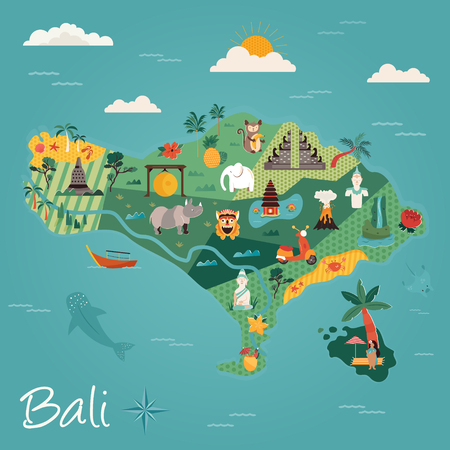 Cartoon illustration with Bali famous landmarks, symbolsのイラスト素材