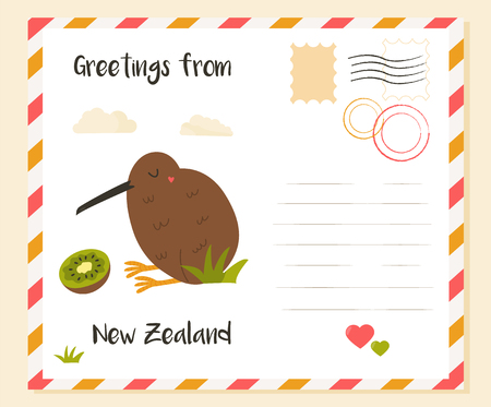 New Zealand postcard with kiwi bird and fruitのイラスト素材