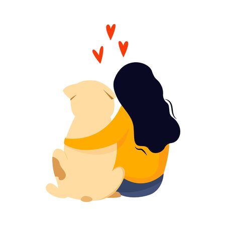 Sitting girl embrace her dog. Friendship conceptのイラスト素材