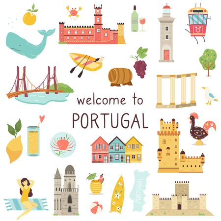 Set of Portuguese icons landmarks elements animalsのイラスト素材