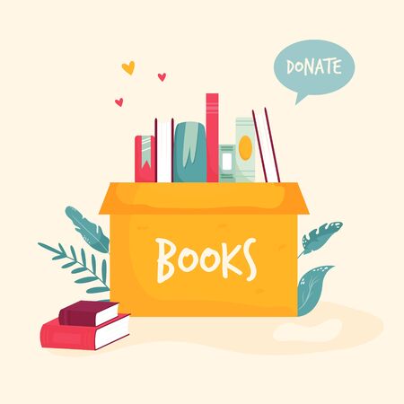 Cardboard box with books for donations, charityのイラスト素材