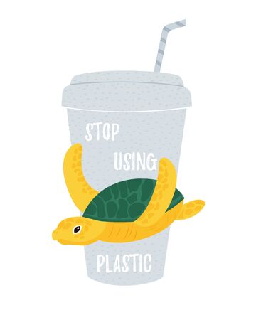 Vector eco illustration with turtle and disposable cup. Stop using plsatic text. Concept to save marine lifeのイラスト素材