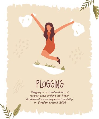 Young girl doing plogging. Eco poster, templateのイラスト素材