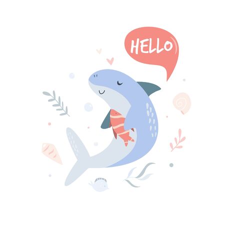 Cute shark swimming in ocean. Poster with adorable character. For invitations, baby showers, decor for childrens bedroom, t-shirt printのイラスト素材