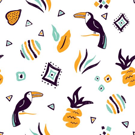 Seamless pattern with hand drawn toucans, leavesのイラスト素材