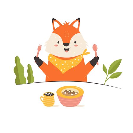 Funny fox having a breakfast. Vector illustration.のイラスト素材