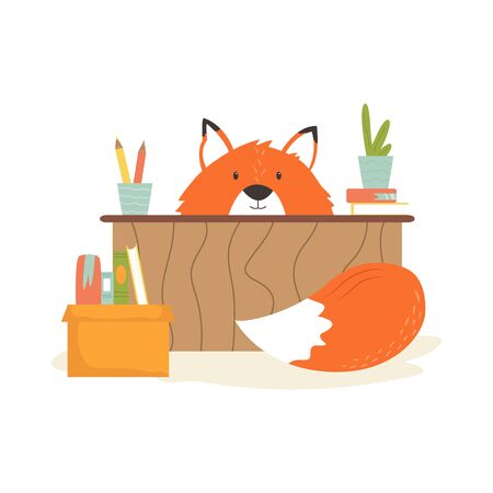 Funny fox pupil sitting at the table.のイラスト素材