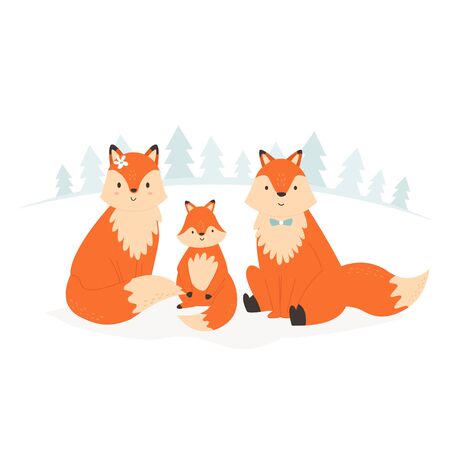 Funny fox family sitting in a forest. Vector illustration of smiling animals.のイラスト素材