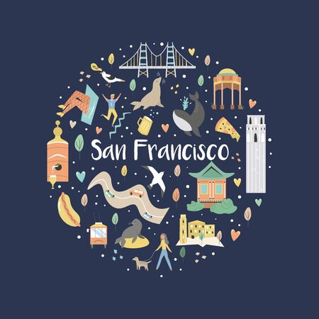 San Francisco hand drawn flat vector with symbolsのイラスト素材