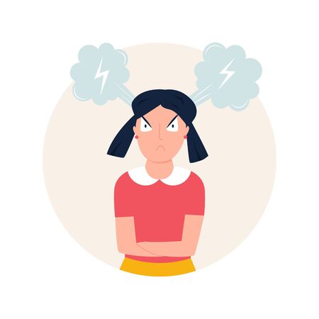 Vector illustration of a shouting angry girl. Bad mood, sad feelings conceptのイラスト素材