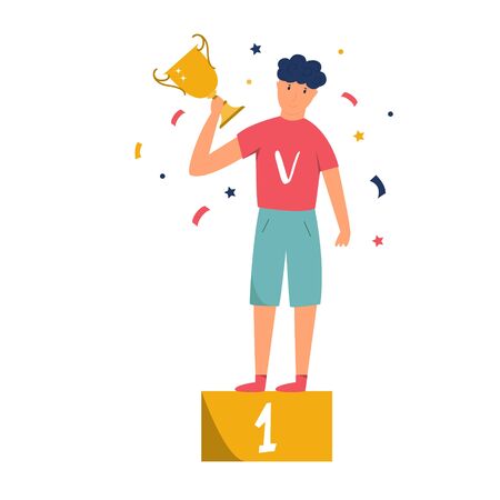 Young champion standing with a trophy on pedestalのイラスト素材