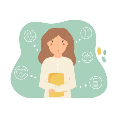 Portrait of a young woman doctor. Consultation and diagnosis concept. Vector illustration in a flat styleのイラスト素材