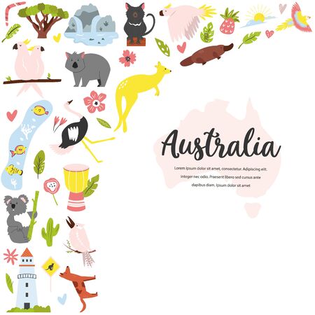 Tourist poster with famous symbols and animals of Australia. Explore Australia concept image. For banner, travel guidesのイラスト素材