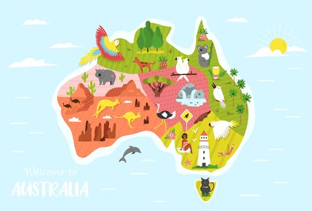 Illustrated map of Australia with symbols and animals. Bright design fot tourist posters, banners, leaflets, printsのイラスト素材