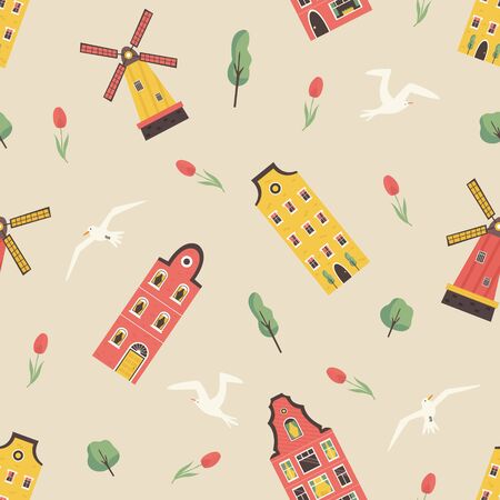 Seamless pattern with old dutch buildings windmillのイラスト素材