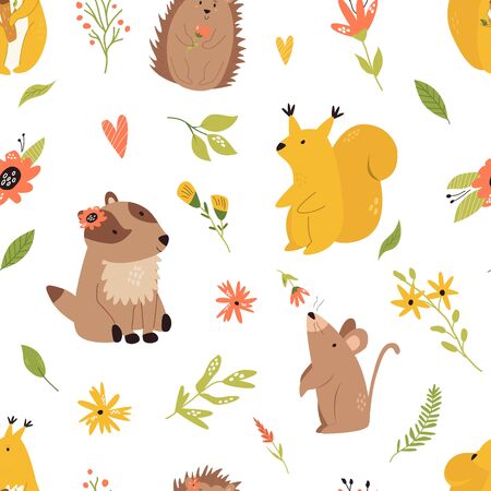 Cute seamless pattern with funny forest animalsのイラスト素材