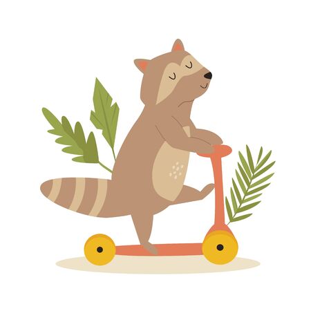 Cute raccoon riding on a scooter. Animal character design. Illustration for baby T shirts, prints, greetingsのイラスト素材