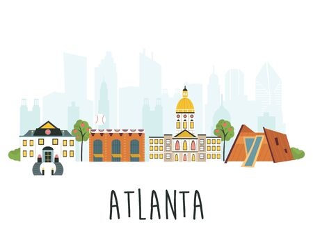 Tourist poster with traditional buildings, famous symbols of Atlanta. Explore city concept image. Town skyline, cityscapeのイラスト素材
