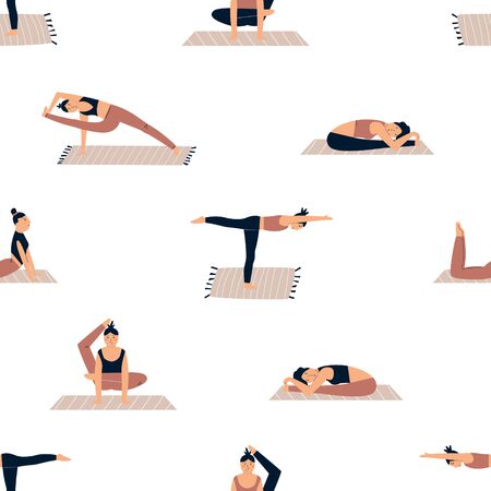 Seamless pattern with characters in yoga asanasのイラスト素材