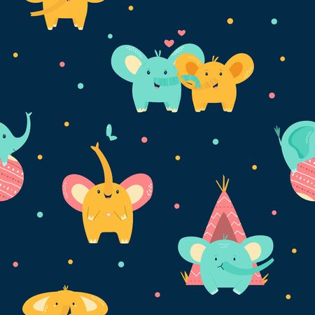 Seamless pattern, texture with cute bright little elephants. For childish prints, decorations. clothes, textile. Vector illustrationのイラスト素材