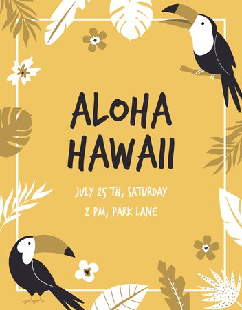 Hawaiian card with toucans, flowers and palm leaves. Invitation template, banner, card, poster, flyerのイラスト素材