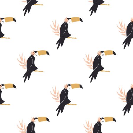 Seamless pattern with tropical toucan birds and palm leaves. Abstract design for textile, wrapping paper, decorationsのイラスト素材