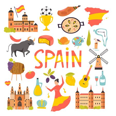 Set of icons, famous symbols of Spain. Big bundle of vector designs. objects.のイラスト素材