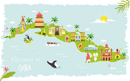 Bright illustrated map of Cuba with symbols, icons, famous destinations, attractions. For travel guides, banners, postersのイラスト素材