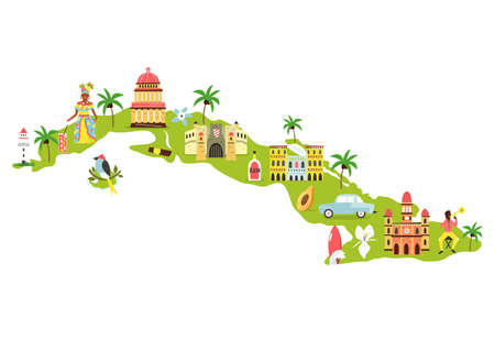 Bright illustrated map of Cuba with symbols, icons, famous destinations, attractions. For travel guides, banners, postersのイラスト素材