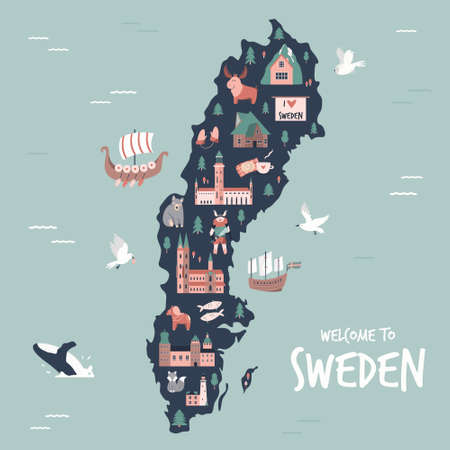 Illustrated map of Sweden with symbols, icons, famous destinations, attractions. For travel guides, banners, postersのイラスト素材