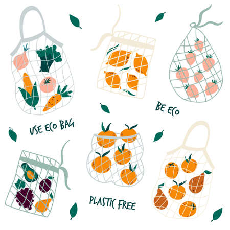 Set of reusable mesh bags with organic vegetables. No plastic concept. Vector illustration, design.のイラスト素材