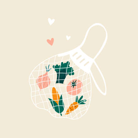 Poster with mesh bag full of fresh vegetables. Organic food concept. Vector illustrationのイラスト素材