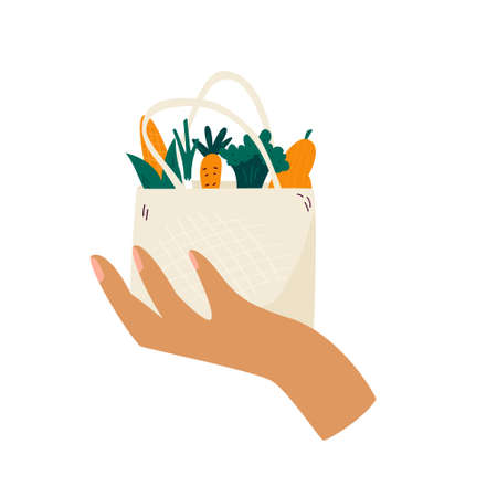 Female hand holding reusable eco bag with organic vegetables. Zero waste conceptのイラスト素材