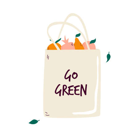 Reusable canvas eco bag with juicy organic fruits. No plastic packaging concept. Go green text....