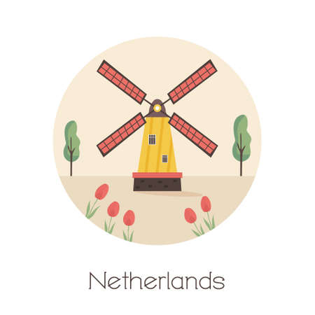 Traditional rural windmill, symbol of Netherlands. Vector illustration in a flat styleのイラスト素材