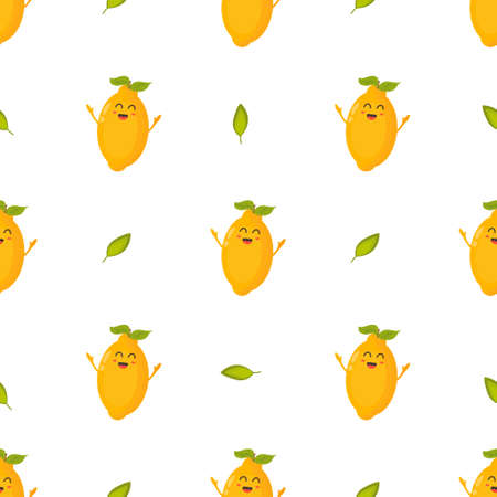 Seamless pattern with funny lemon characters. Vector illustration for kitchen decoration, product design, food wrappingのイラスト素材