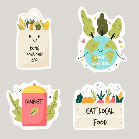 Set of colorful stickers with eco friendly slogans and illustrations. Composting, Trees planting, Eating local food, Bring your own bag concepts.のイラスト素材