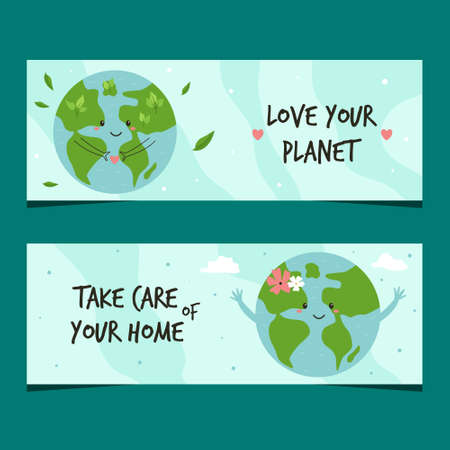 Set of two banners with Earth planet. Love your planet concept. Vector illustrationのイラスト素材