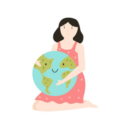 Young girl hugging smiling Earth planet. Love you planet concept. Eco friendly, cute illustration.のイラスト素材
