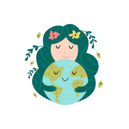Mother nature hugging smiling Earth planet. Love you planet concept. Earth day. Cute vector illustrationのイラスト素材