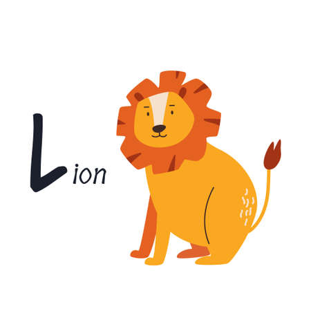Funny image of lion and letter L. Zoo alphabet collection. Vector illustrationのイラスト素材
