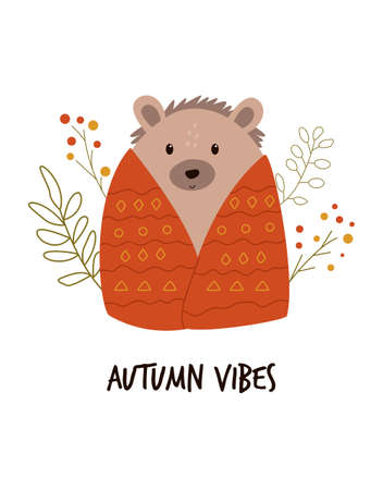 Funny hedgehog in a blanket, cute forest animal. Autumn vibes text.のイラスト素材