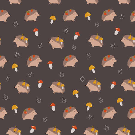 Cute seamless pattern with funny hedgehogs, mushrooms and oak leaves.のイラスト素材